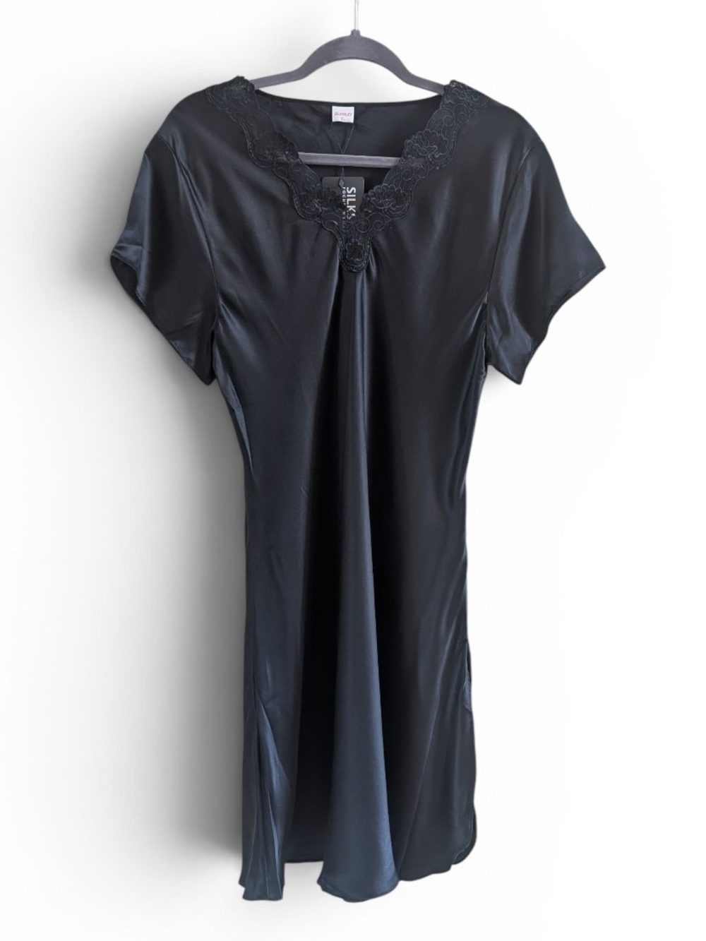 NWT Silksilky 100% Mulberry Silk Black Lace-Trim Nightshirt Lounge Dress